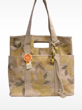 C & C California Lemon print canvas tote bag featuring lemon rope tassel